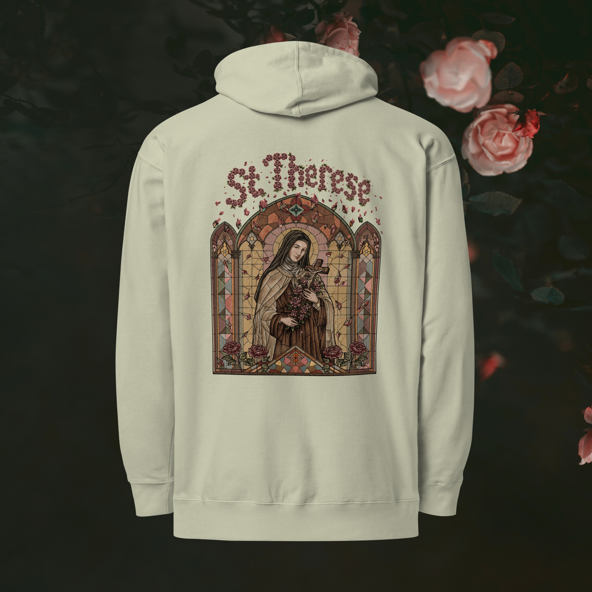 The Little Flower Hoodie (Dusty Sage) - St. Therese stained glass print, dark rose garden background