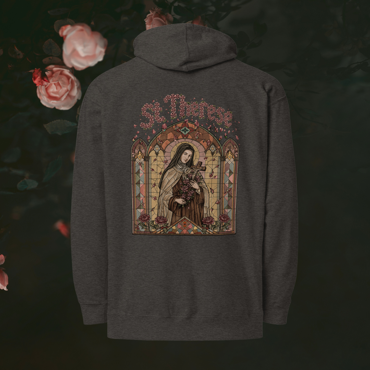 The Little Flower Hoodie (Charcoal Heather) - St. Therese stained glass print, dark rose garden background