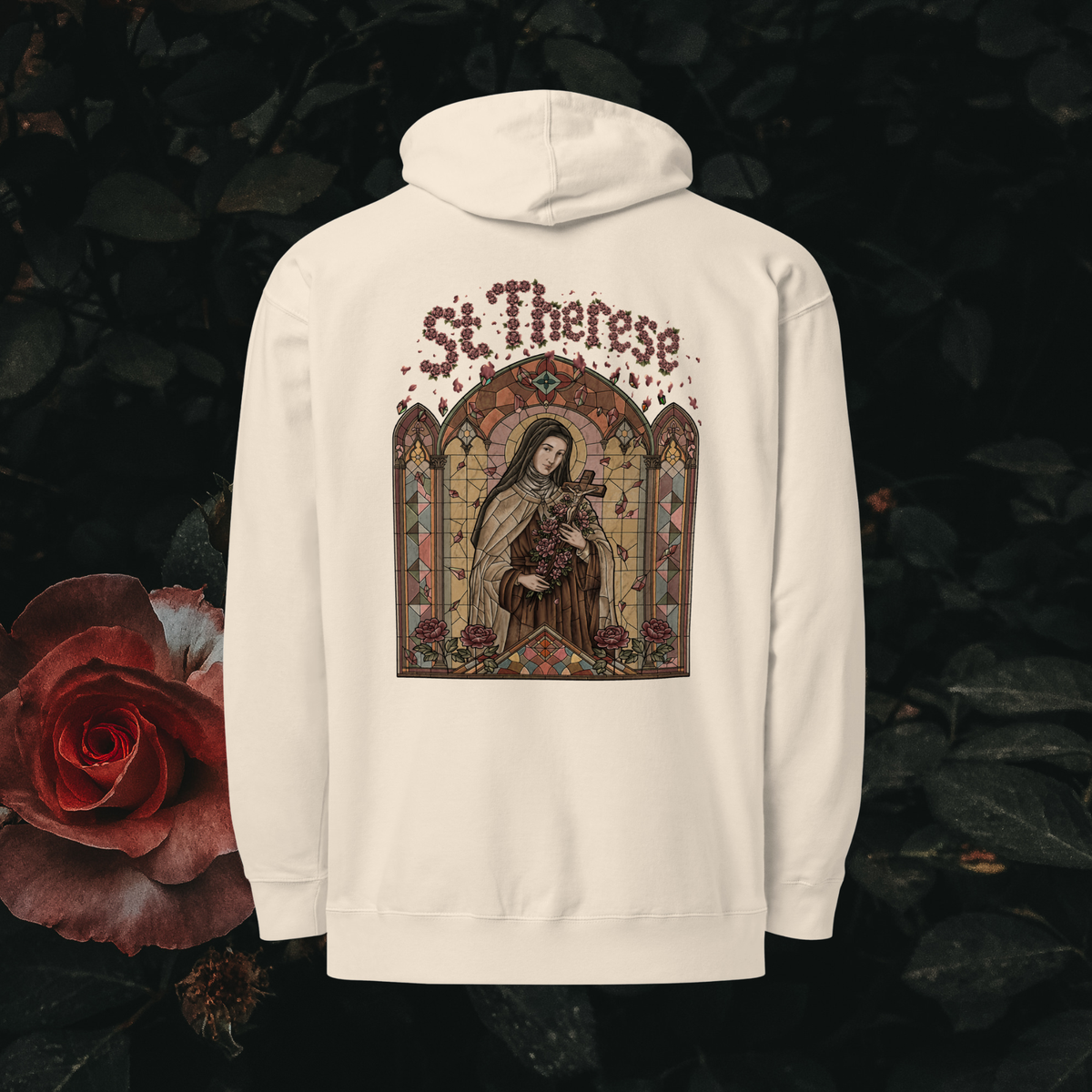 The Little Flower Hoodie (Bone) - St. Therese stained glass print, dark rose garden background