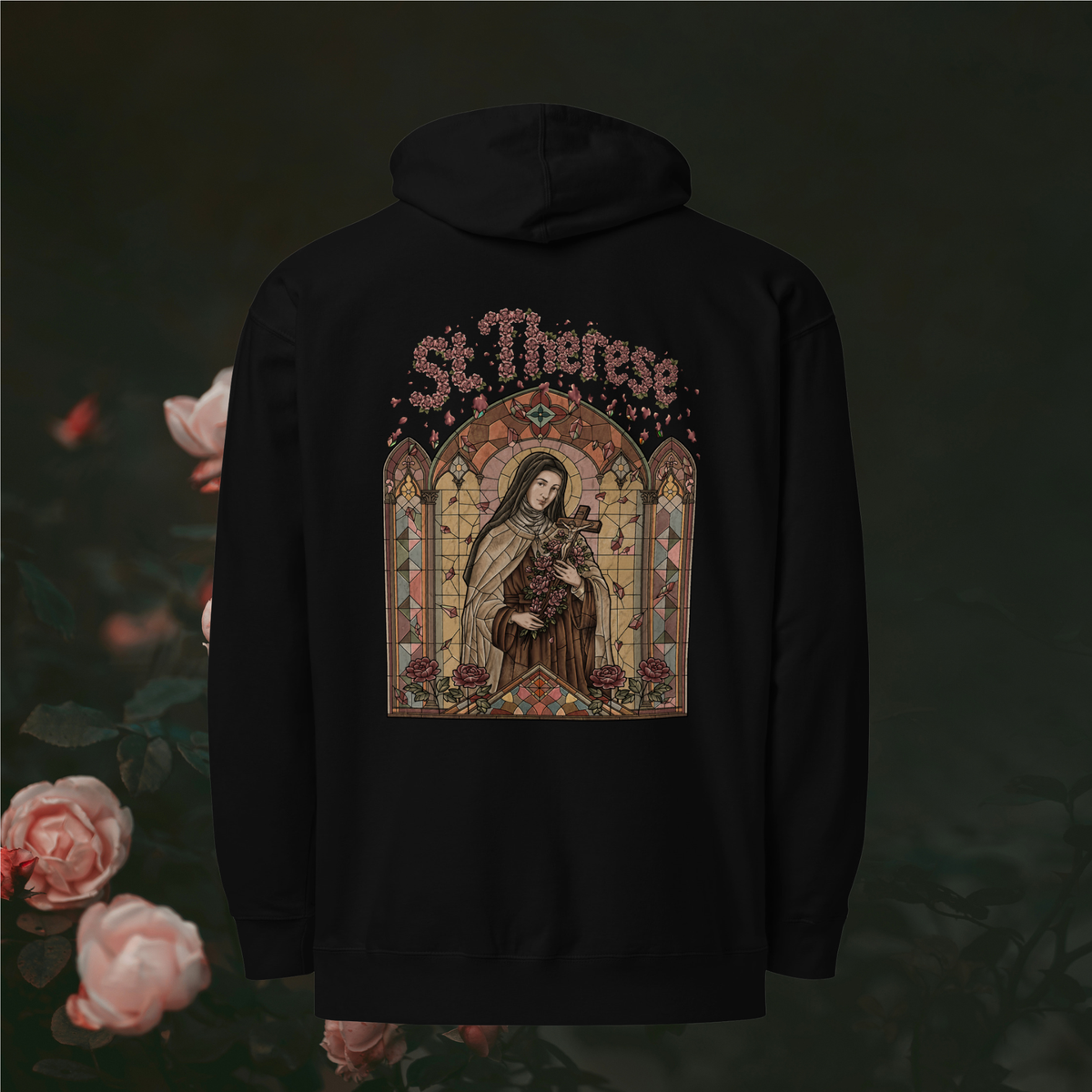 The Little Flower Hoodie (Black) - St. Therese stained glass print, dark rose garden background