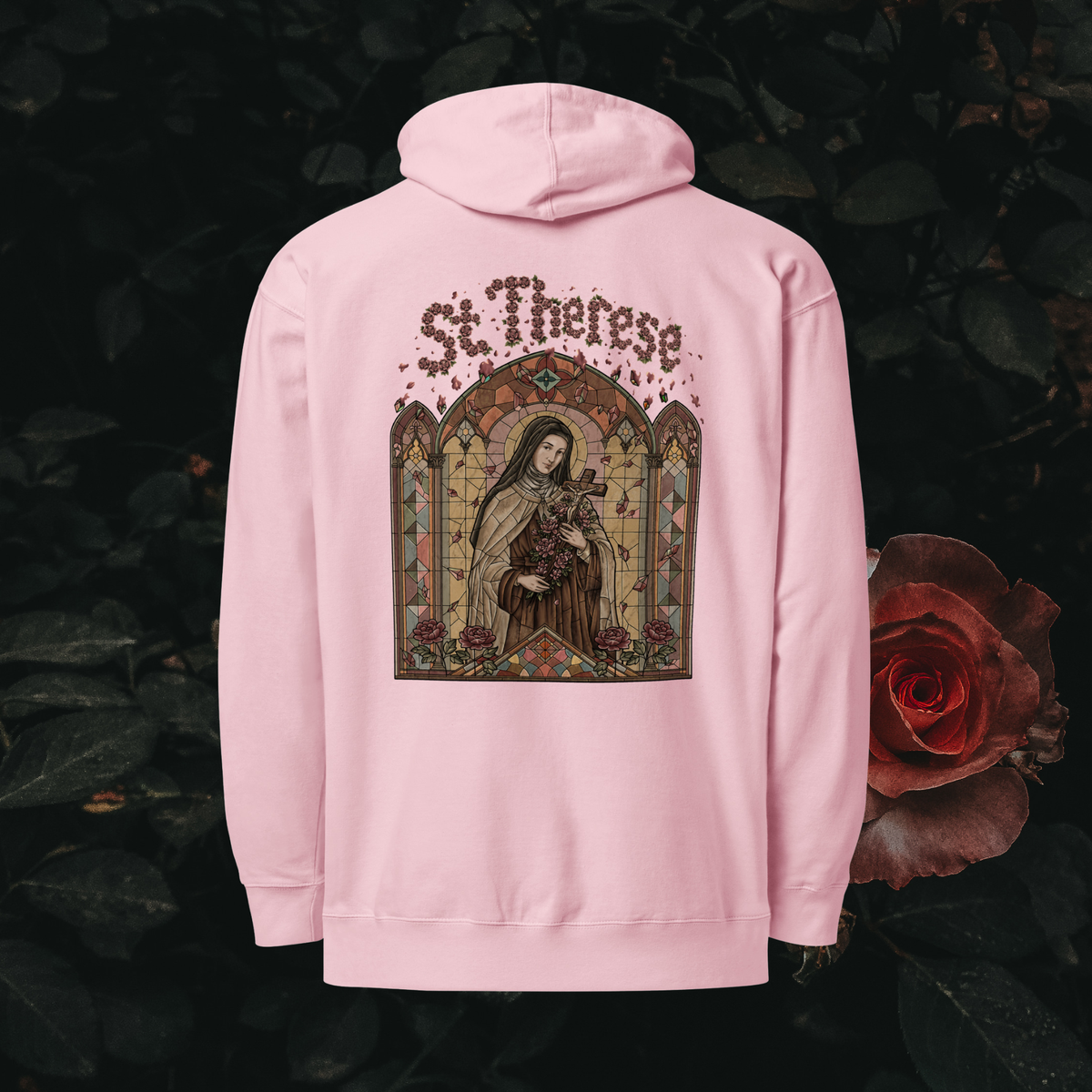 The Little Flower Hoodie (Light Pink) - St. Therese stained glass print, dark rose garden background